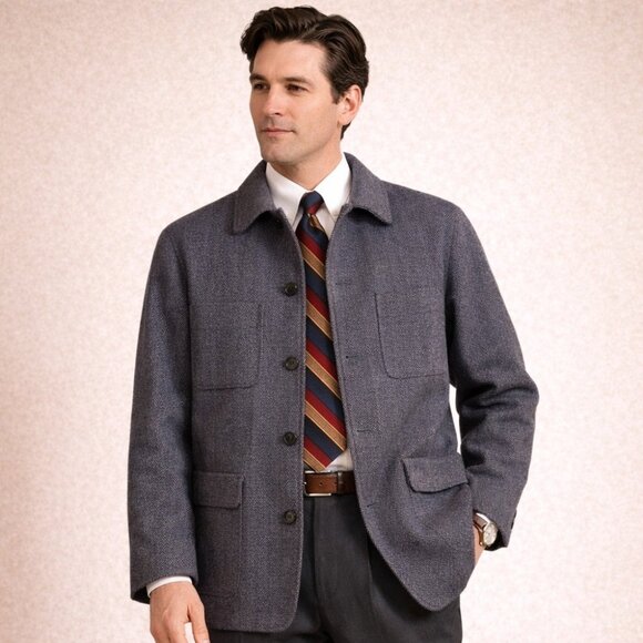 Vintage Blue Herringbone Wool Jacket Size M Cozy Workwear Chore Coat Layering